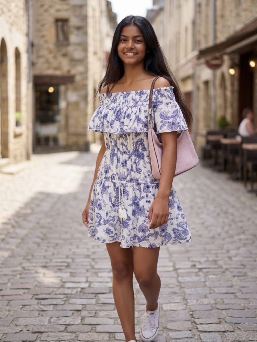 Band of Gypsies Off-Shoulder Romper with Blue Floral Pattern